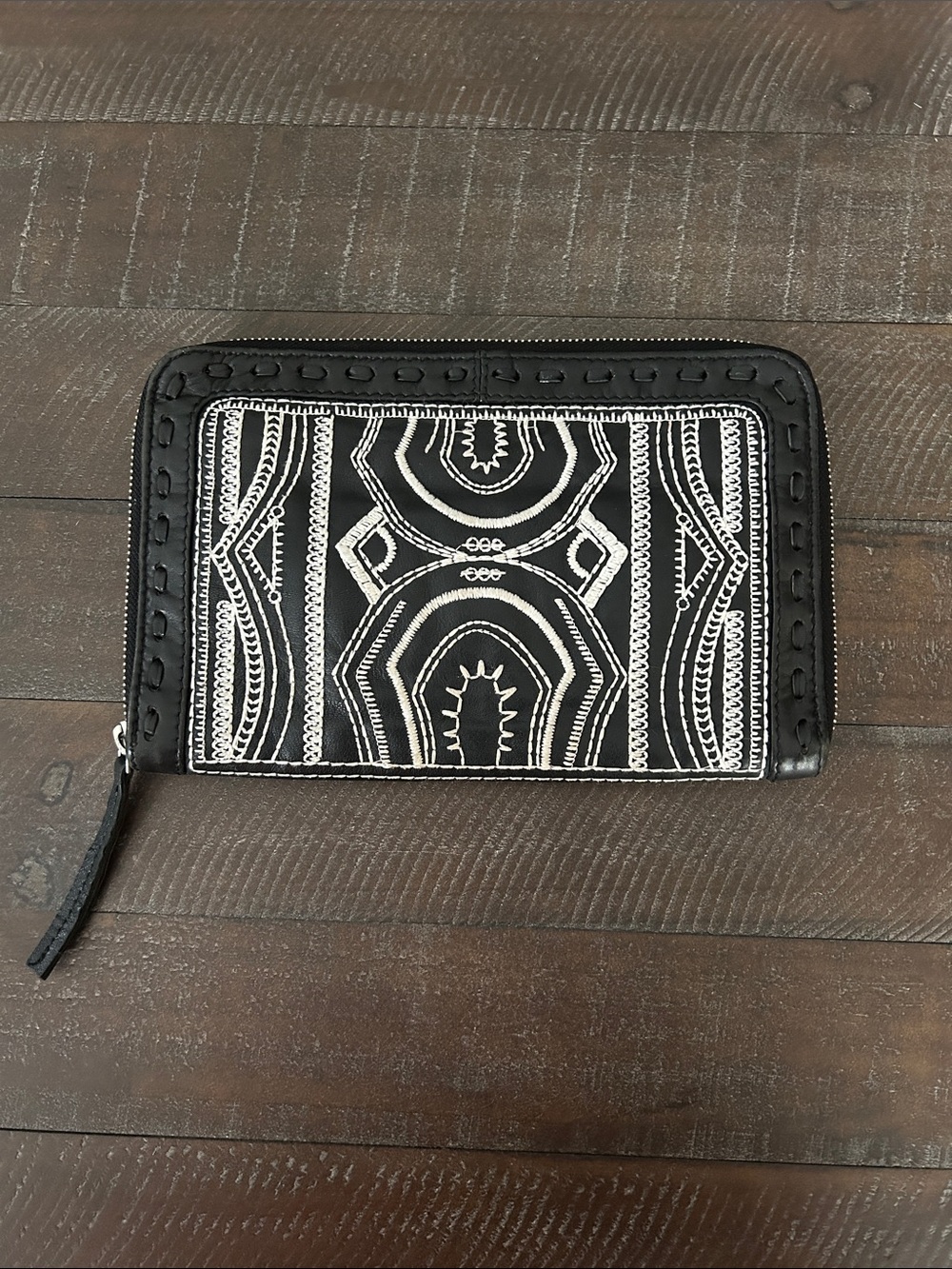 Free People Black Card & Key Zip Organizer with White Embroidery